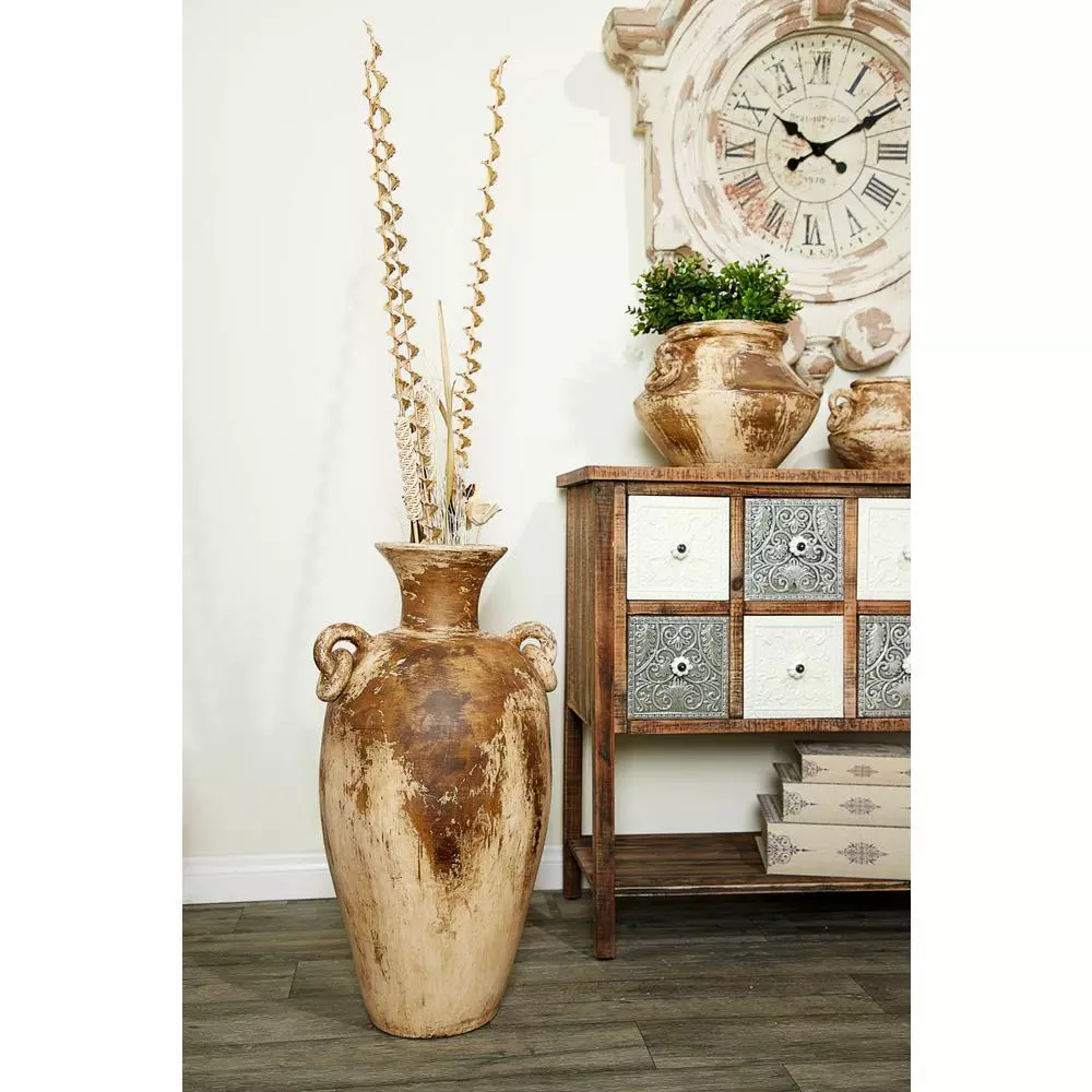 LITTON LANE 28" Distressed Beige and Brown Ceramic Amphora Floor Vase - Farmhouse Style