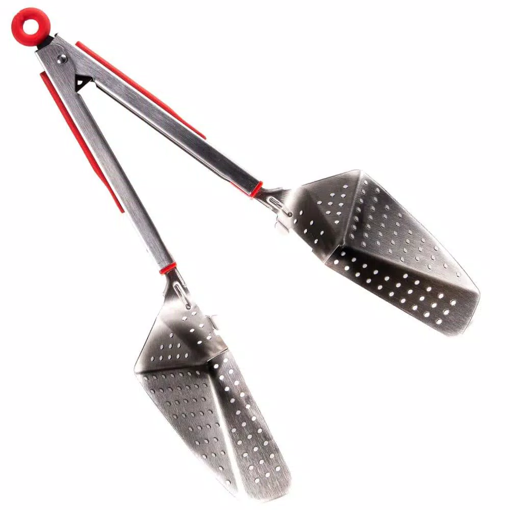 Chefright QuickScoop Red Colander Tongs with Soft Grips, Brushed Stainless Steel (Set of 2)
