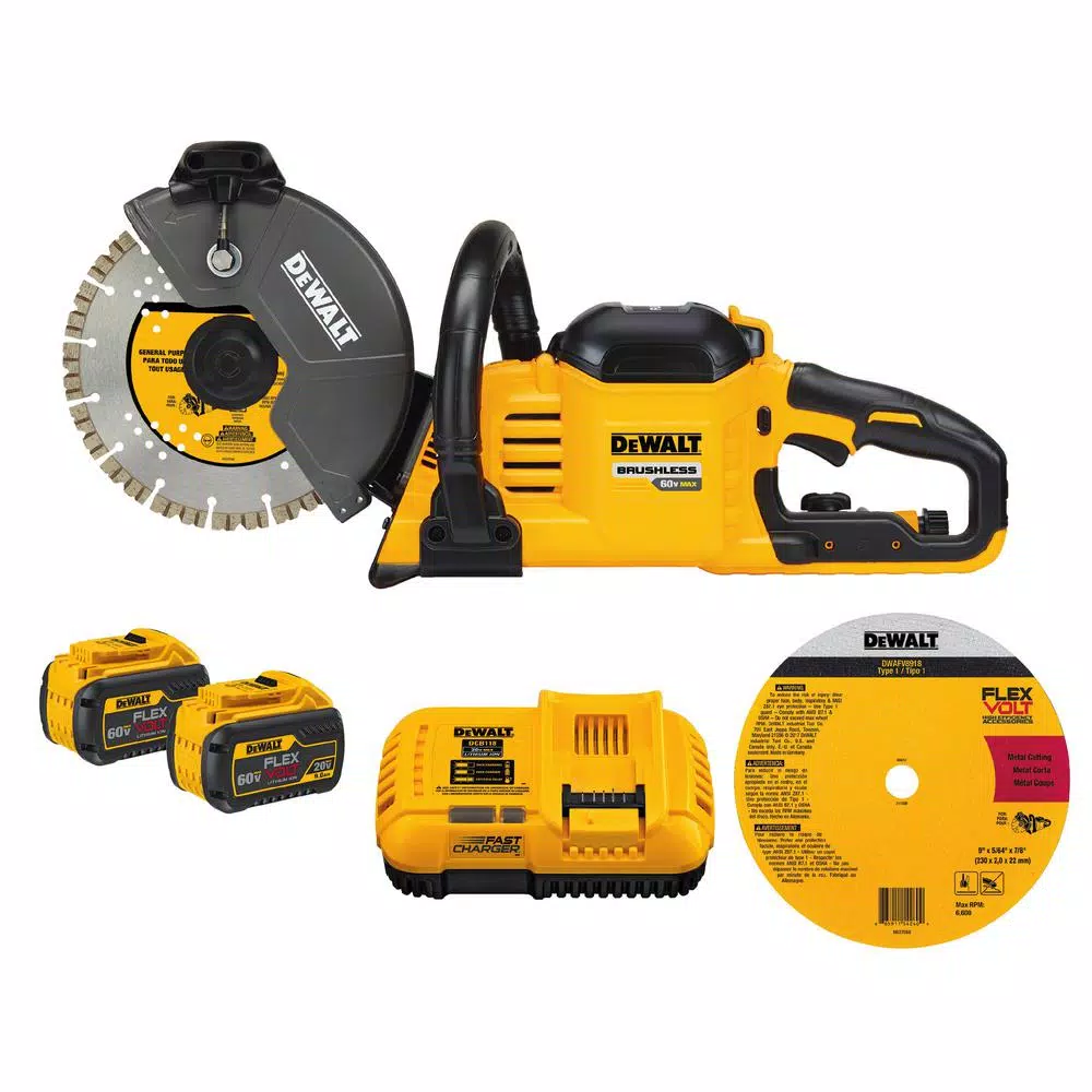 DEWALT FLEXVOLT 60V MAX Brushless 9 in. Cut-Off Saw Kit with (2) 9.0 Ah Batteries & 4-1/2 in. Angle Grinder