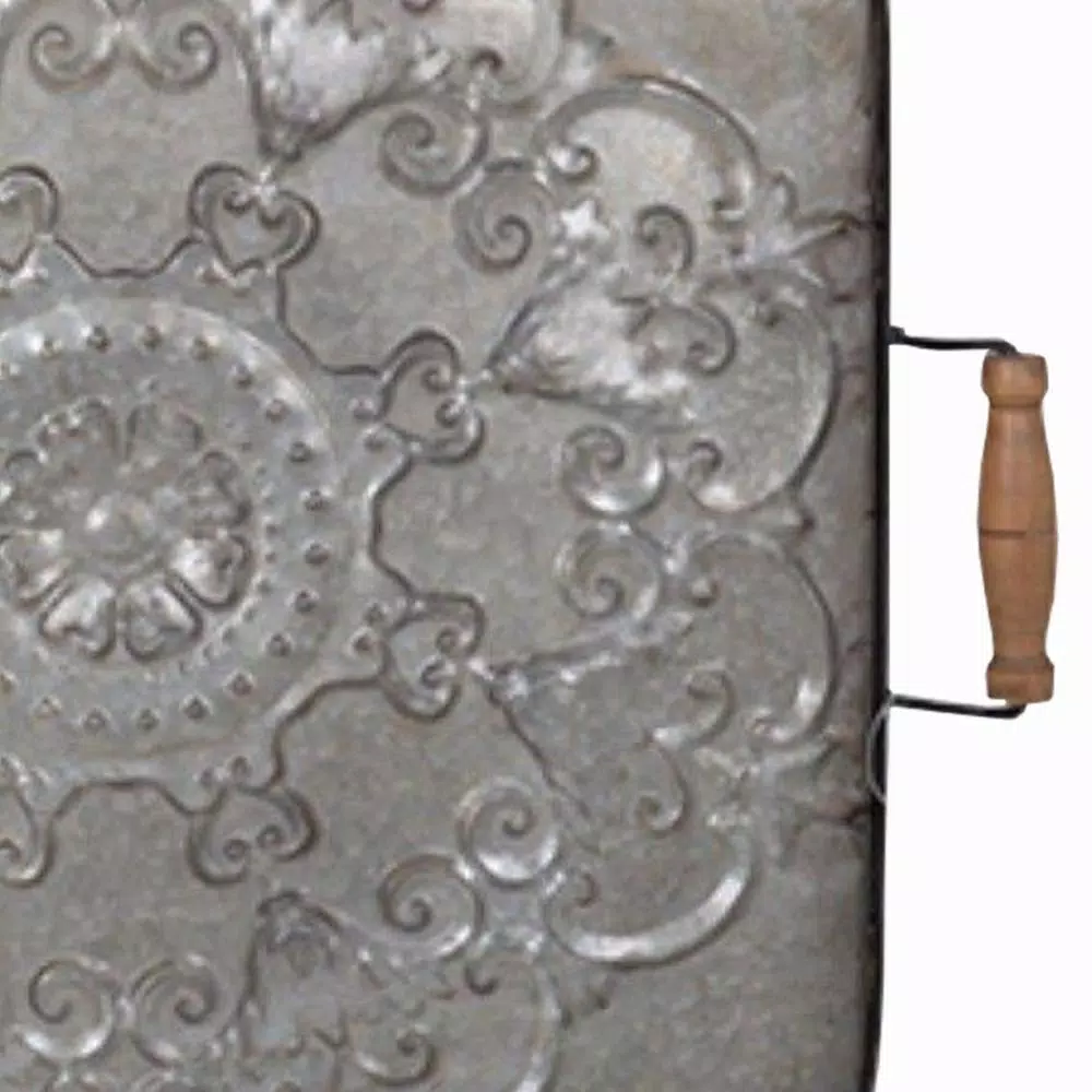 Benjara Ravello Square Gray Wood and Iron Decorative Tray with Floral Detail