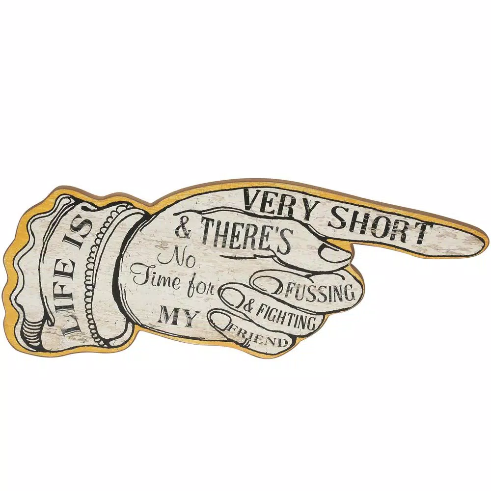 3R Studios Life is Short Hand Shaped Wood Sign Wall Art - Distressed Ivory & Black