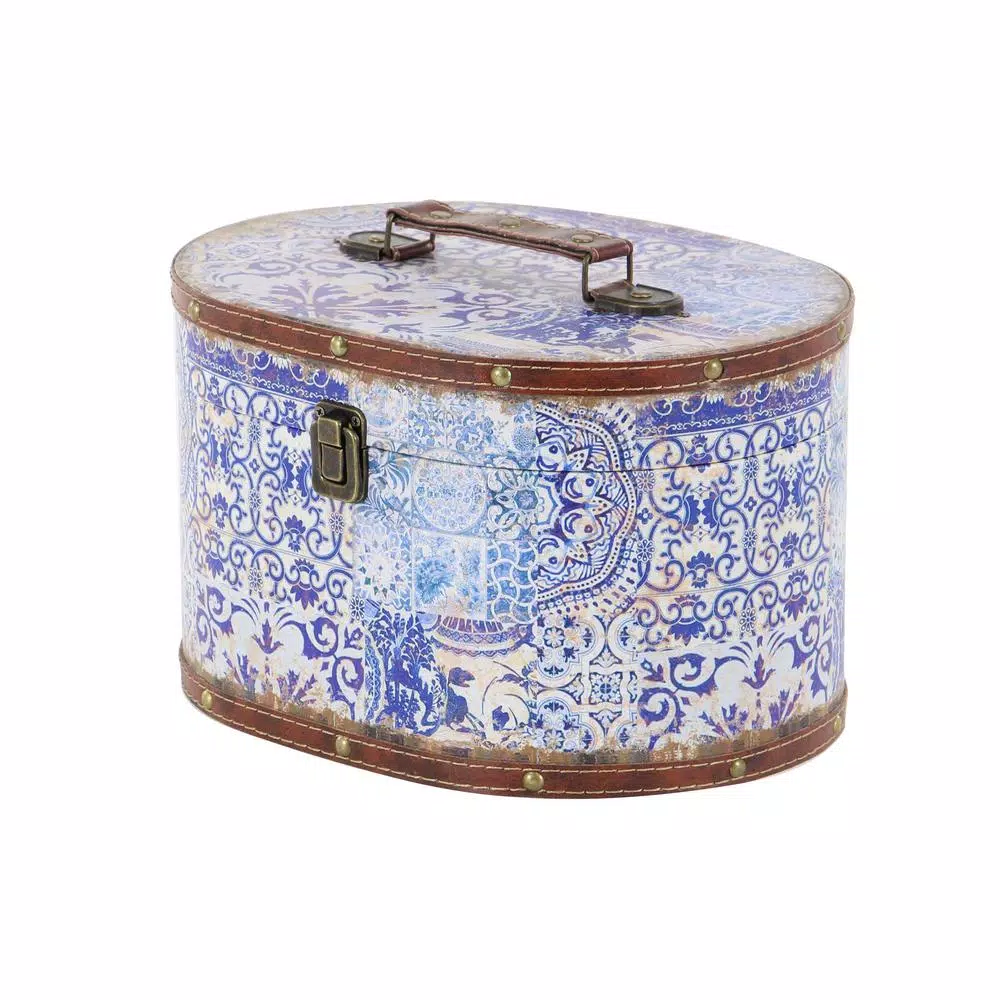 LITTON LANE Vintage Oval Wood and Faux Leather Case-Style Storage Boxes with Lids (Set of 2)