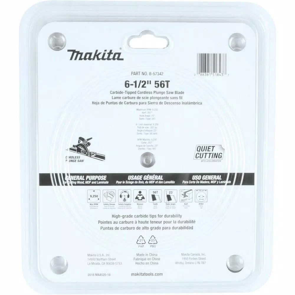 Makita 6-1/2 in. 56-Teeth Carbide Tipped Plunge Saw Blade for Wood, MDF, and Laminate