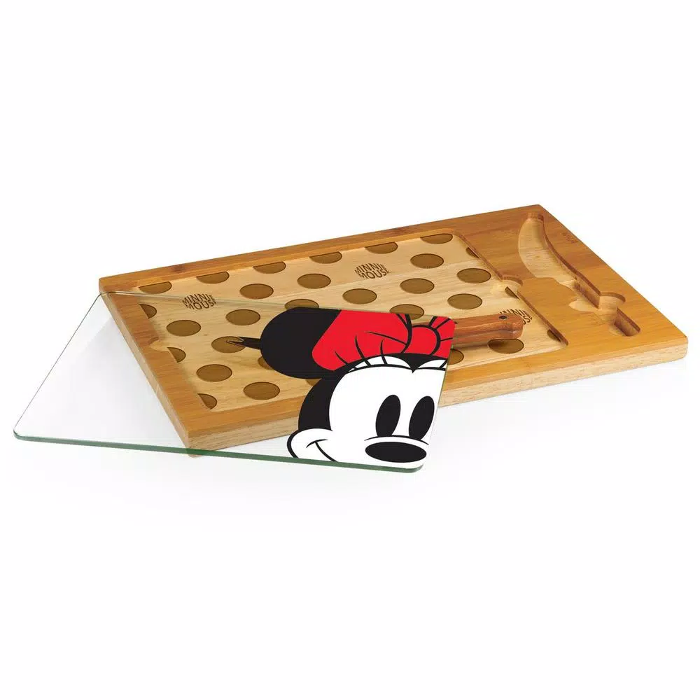 TOSCANA Minnie Mouse Icon Glass Top Serving Tray and Cheese Knife Set, Rubberwood & Bamboo