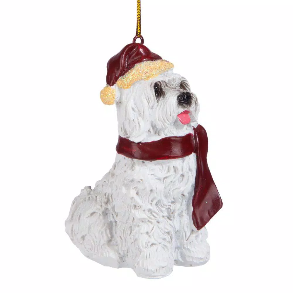 Design Toscano Maltese Dog Holiday Ornament Sculpture with Santa Hat and Red Scarf
