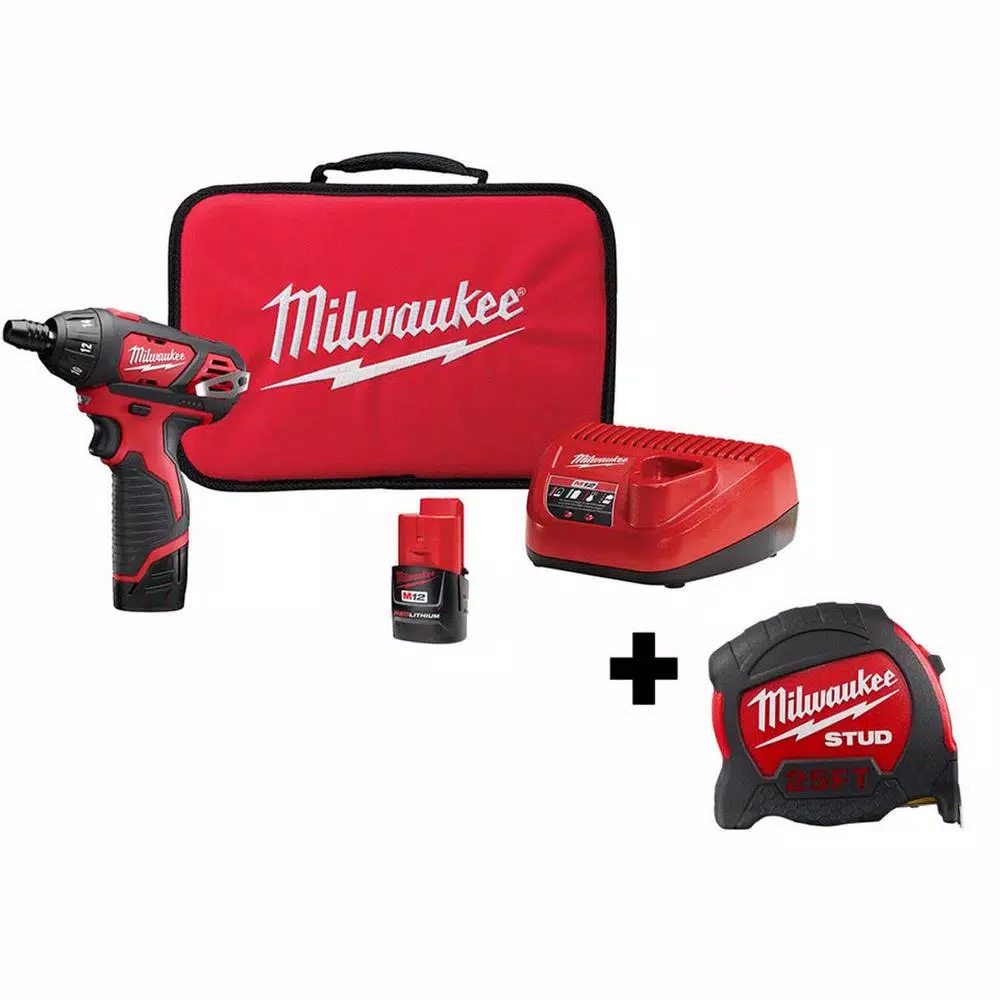 Milwaukee M12 12V Lithium-Ion Cordless 1/4 in. Hex Screwdriver Kit with Two 1.5Ah Batteries and 25 ft. Tape Measure