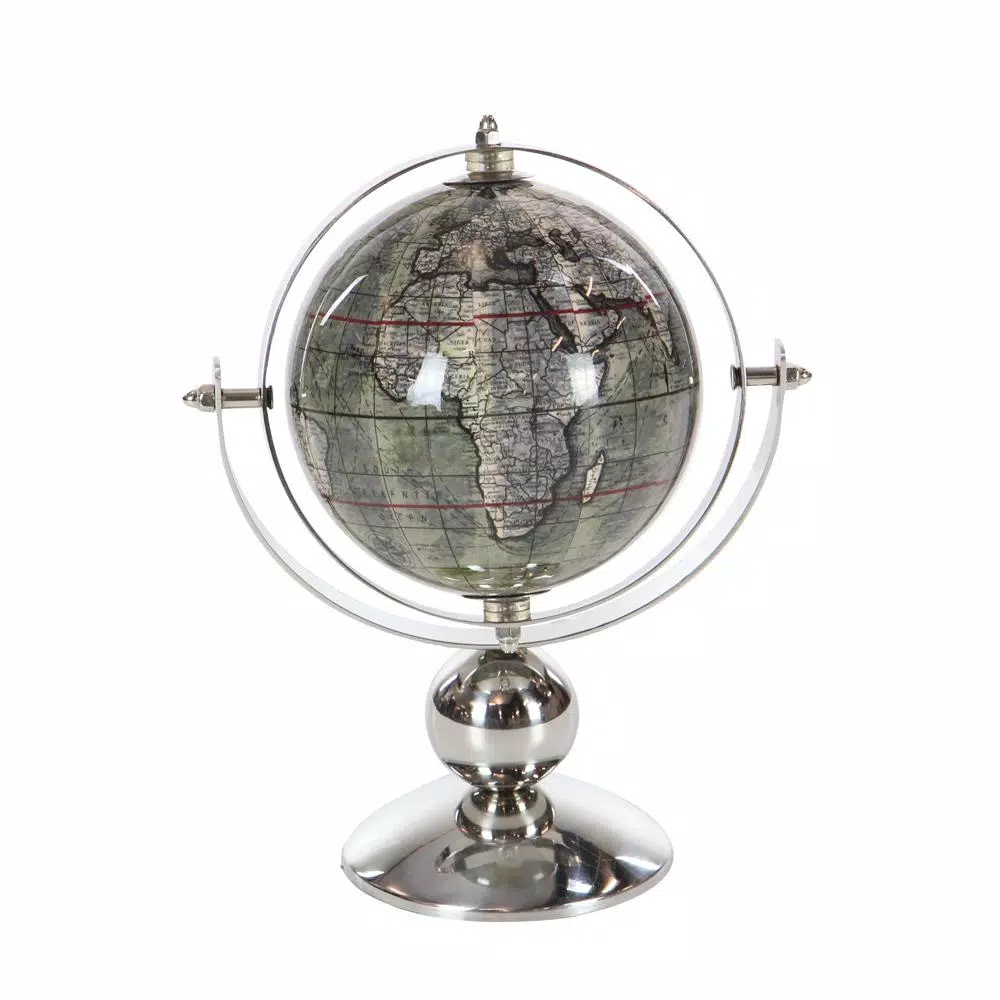 LITTON LANE 10 in. Modern Decorative Globe with Brown and Silver Stainless Steel Base