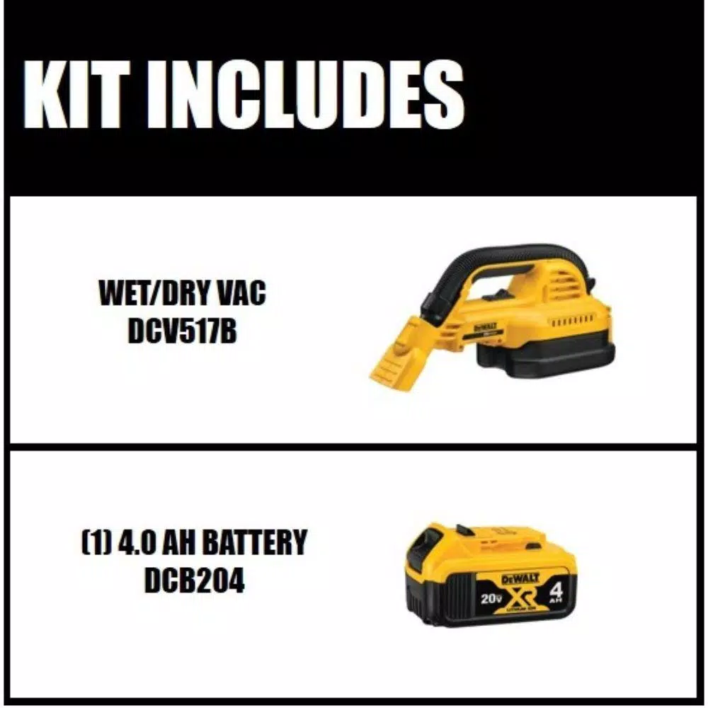 DEWALT 20V MAX Wet/Dry Portable Vacuum Kit with 4.0 Ah XR Lithium-Ion Battery