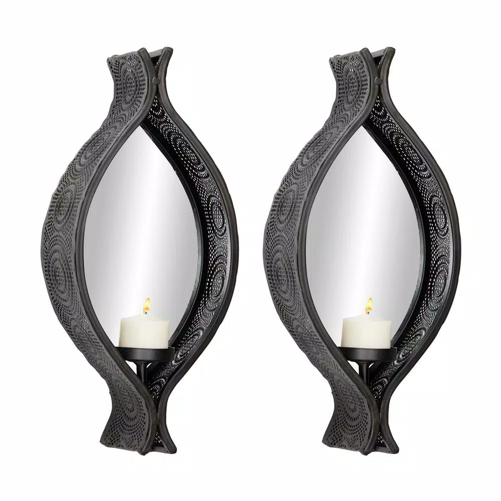 LITTON LANE Eclectic Black Metal Mesh Ellipse Wall Sconces with Mirror Inlays, Set of 2
