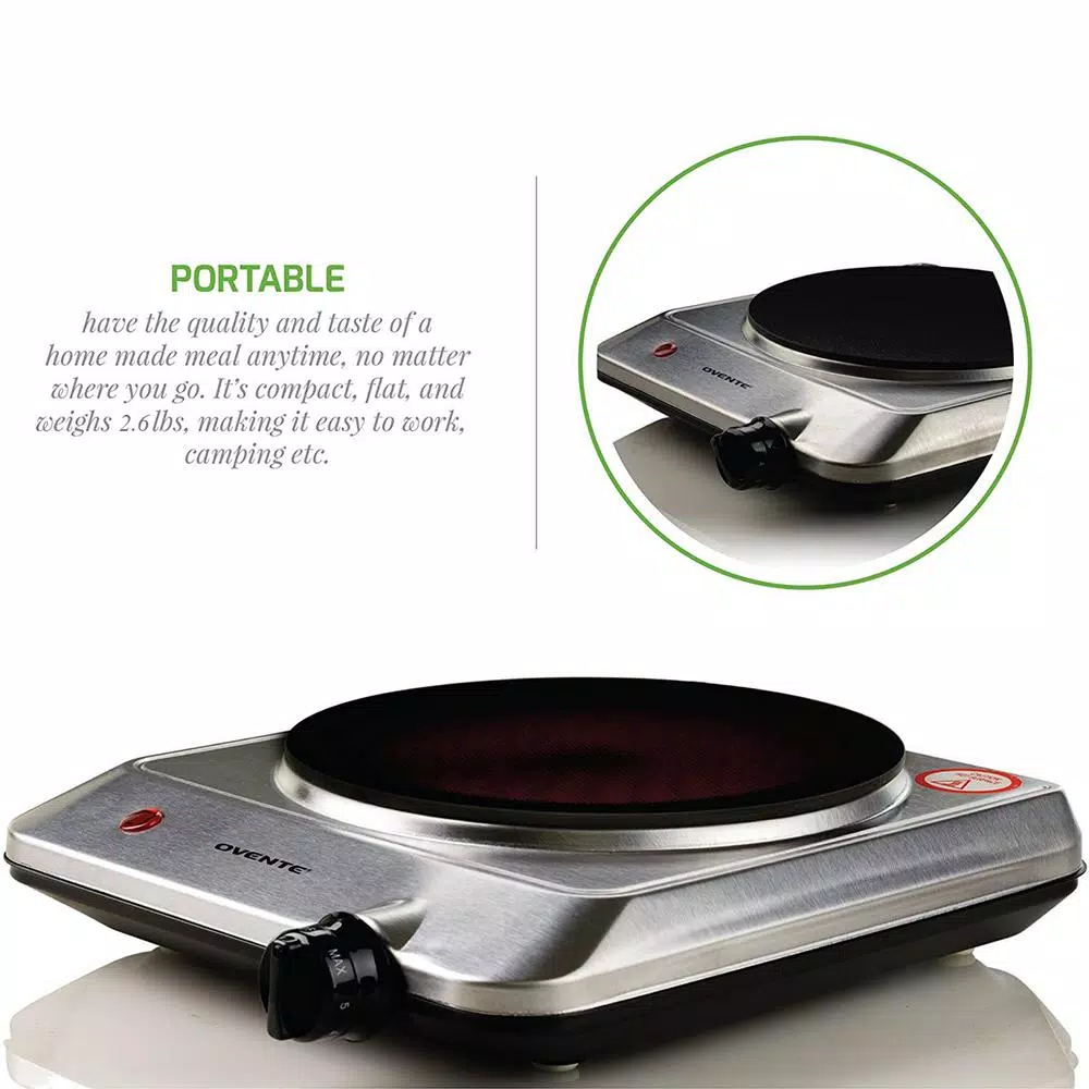 Ovente 1000W Electric Infrared Single Burner Cooktop, Silver Ceramic Glass Hot Plate