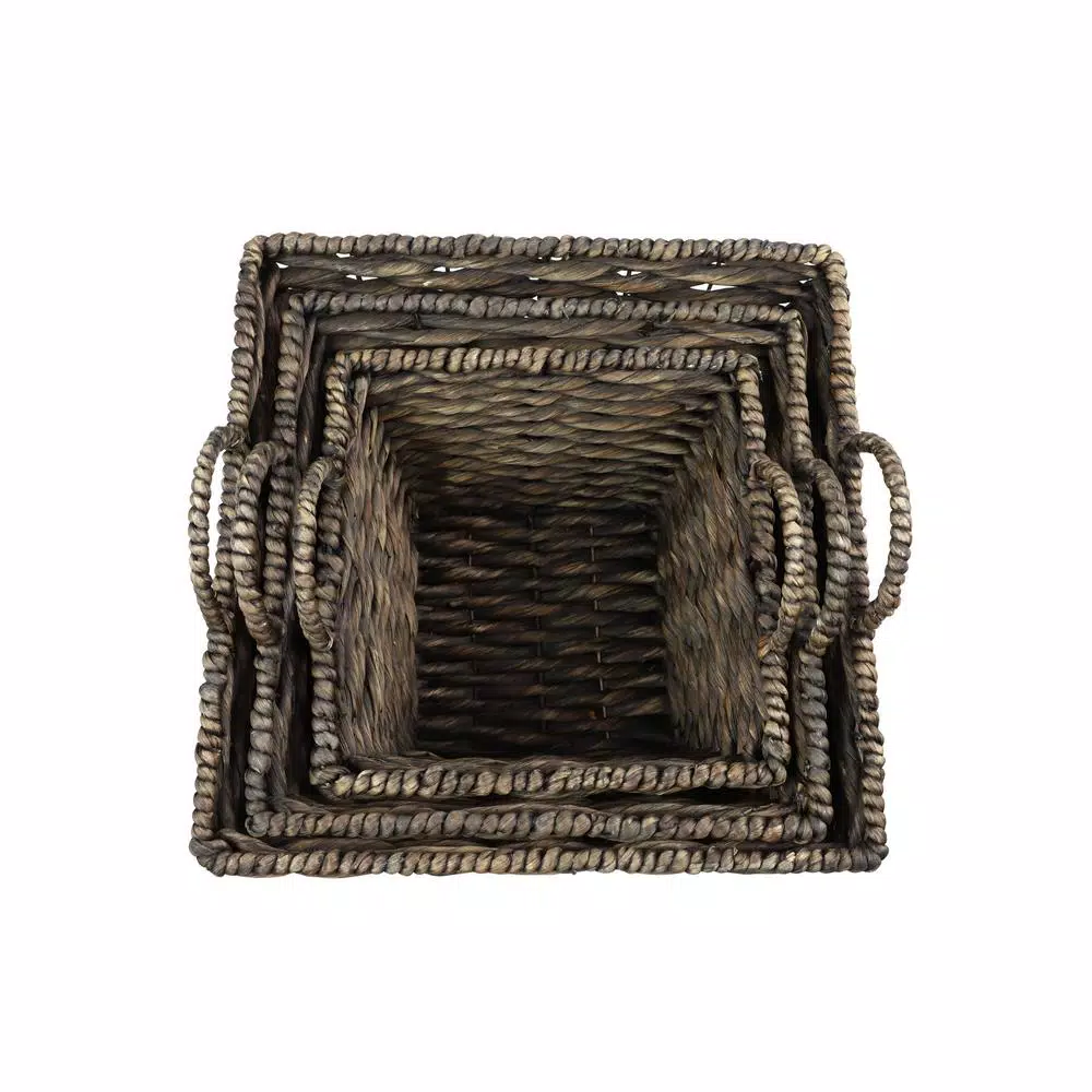 LITTON LANE Large Square Water Hyacinth Wicker Storage Baskets, Dark Brown (Set of 3)