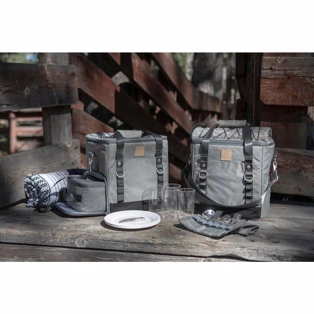 Picnic Time Frontier Heathered Gray Picnic Utility Cooler Bag with Meal Set for Four