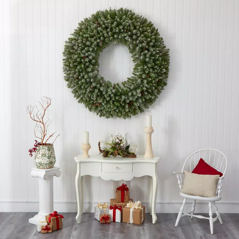 Nearly Natural 5 ft. Pre-Lit Flocked Artificial Christmas Wreath with 280 Multi-Color Lights and Pine Cones