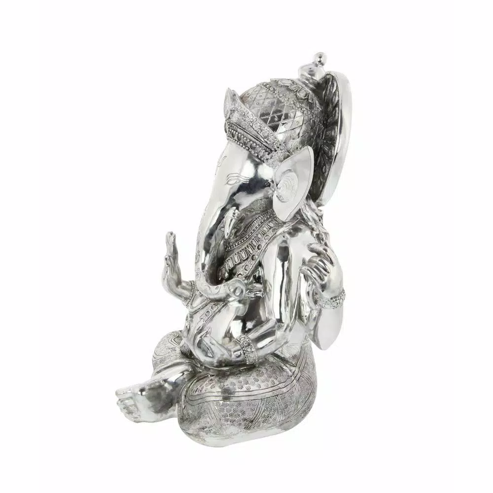 LITTON LANE 16 in. Antique Silver Sitting Ganesh Sculpture with Patterned Detailing