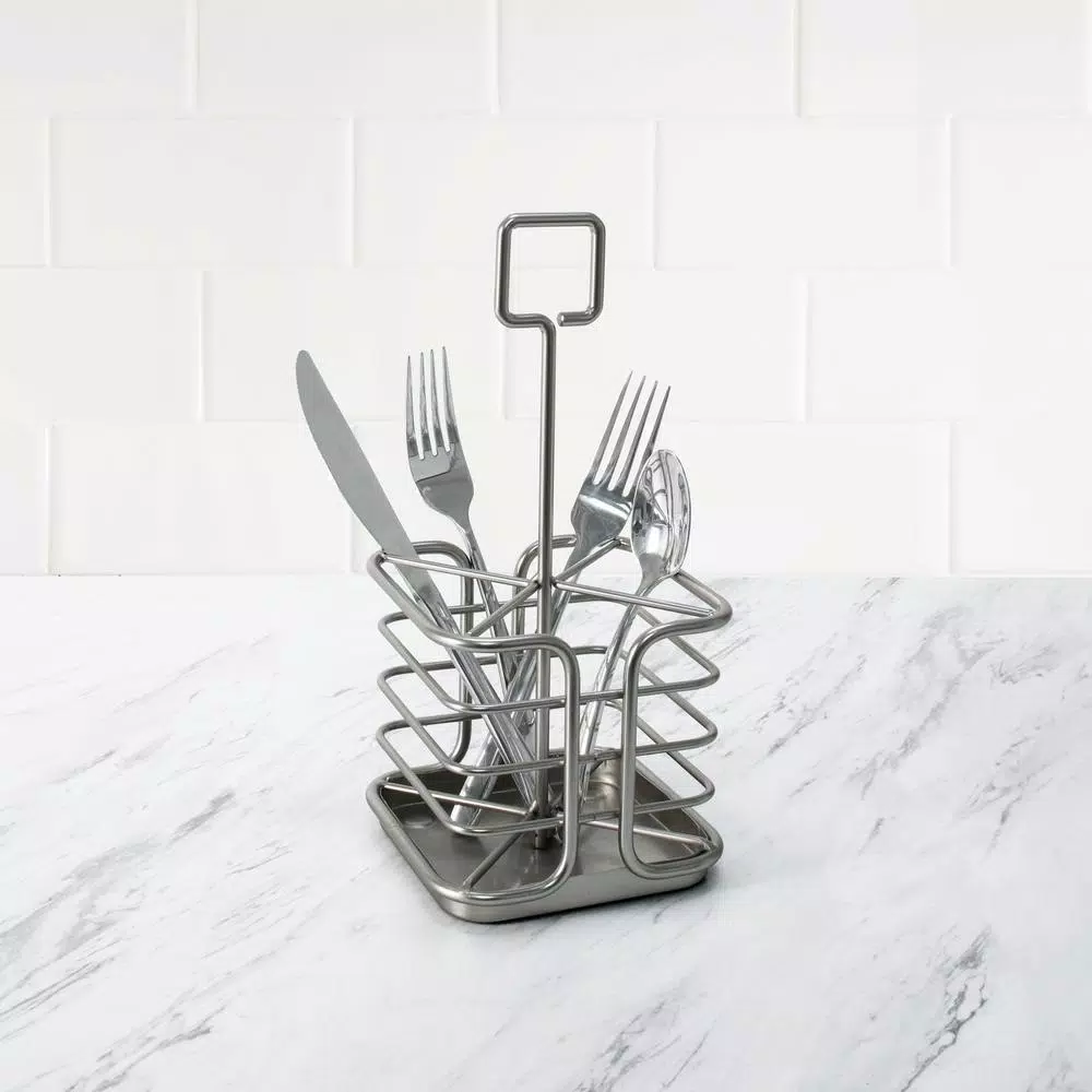 Spectrum Euro Kitchen Flatware & Silverware Organizer Caddy with Handle, Satin Nickel