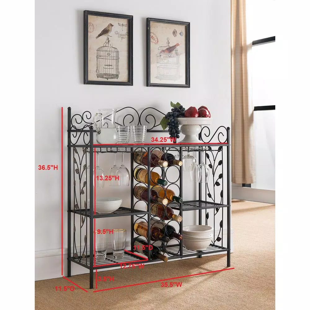 Kings Brand Furniture 12-Bottle Black Metal Console Table Wine Rack with Gold Leaf Accents and Glass Hooks