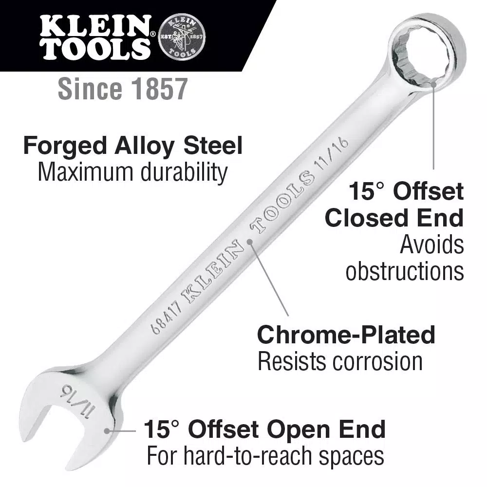 Klein Tools 7/16 in. Combination Wrench, Alloy Steel, 15° Offset