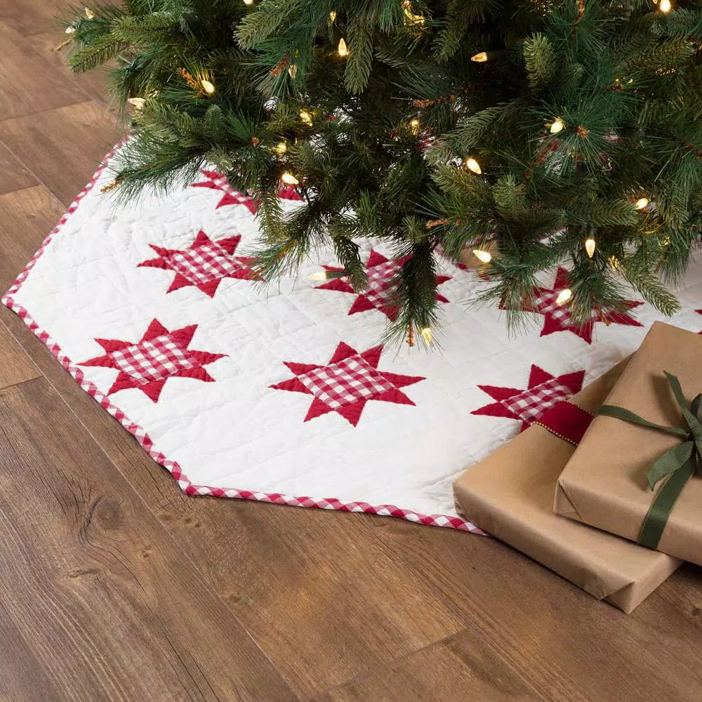 VHC Brands Emmie Red Patchwork Christmas Tree Skirt, 55 in. Hand-Quilted Cotton Farmhouse Decor