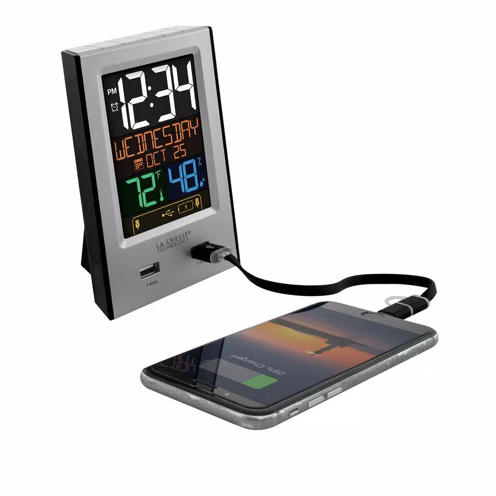 La Crosse Technology Digital Desktop Alarm Clock with Dual USB Charging Ports, Nap Timer, and Temperature/Humidity Display - Silver