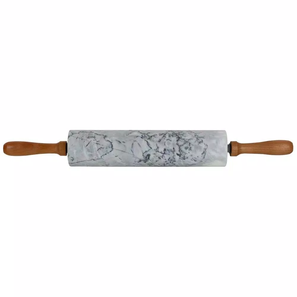 Unbranded White Marble Rolling Pin with Wooden Handles and Rolling Pin Rest