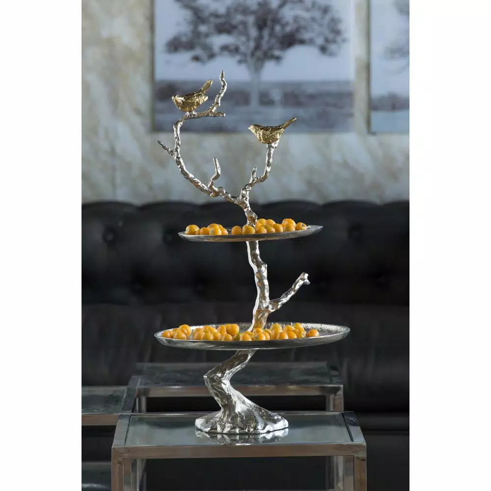 A & B Home Iron Branch Two-Tiered Silver Metal Serving Tray with Decorative Bird Accents