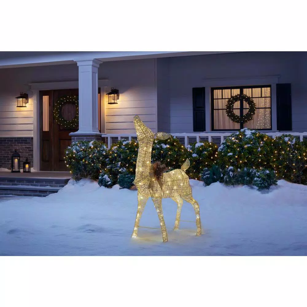 Home Accents Holiday 4 ft LED White Deer with Gold Bow, 80 Warm White Lights, Indoor/Outdoor Yard Decoration