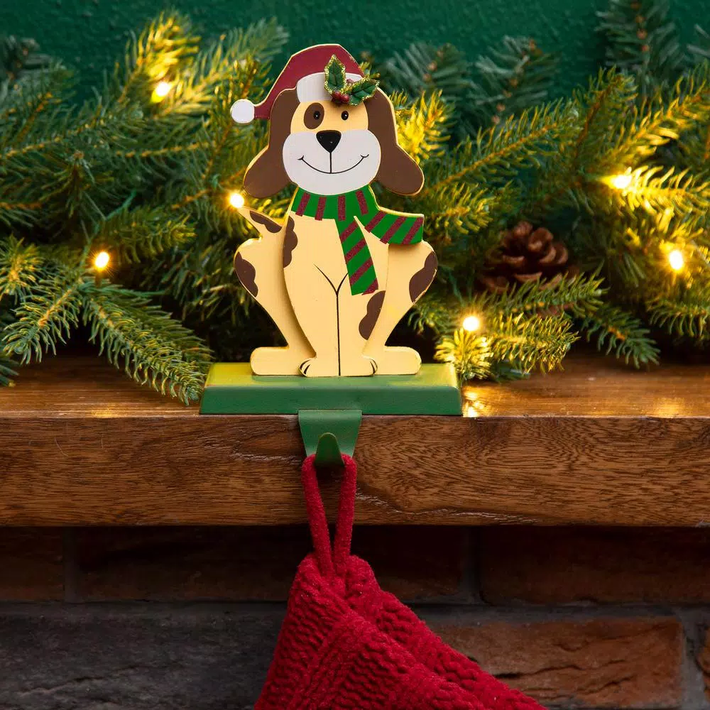 Glitzhome 7.76 in. Dog Christmas Stocking Holder - Wooden and Metal Holiday Decor