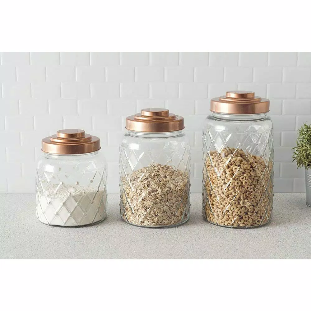 Unbranded Large 114.96 oz Glass Kitchen Canister with Ornate Etched Detail and Copper Steel Lid