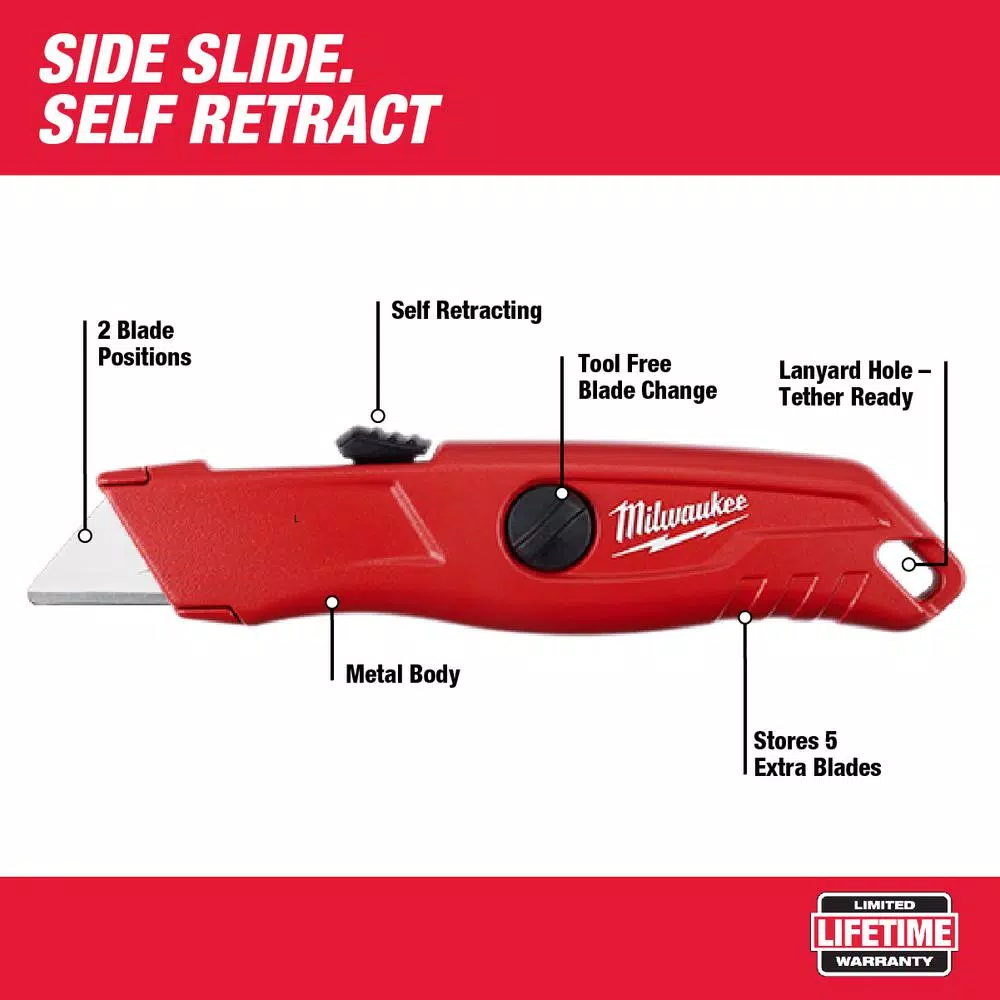 Milwaukee Self-Retracting Utility Knife with Tool-Free Blade Change and On-Board Storage