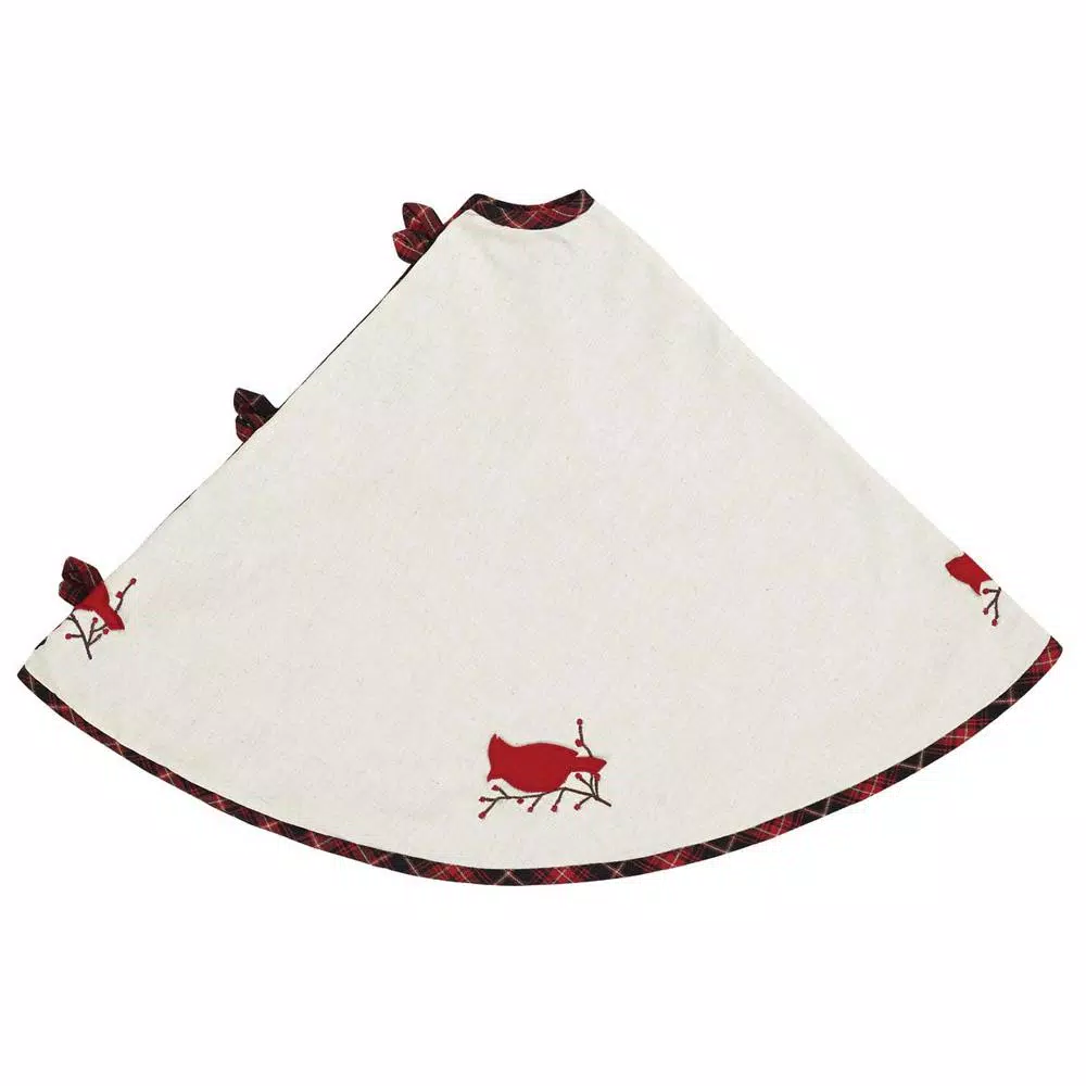 VHC Brands 48 in. Seasons Greetings Red Traditional Christmas Tree Skirt with Cardinal and Winterberry Design