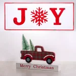 Glitzhome Merry Christmas Red Truck Wooden Table Decor with Christmas Trees thumbnail 1