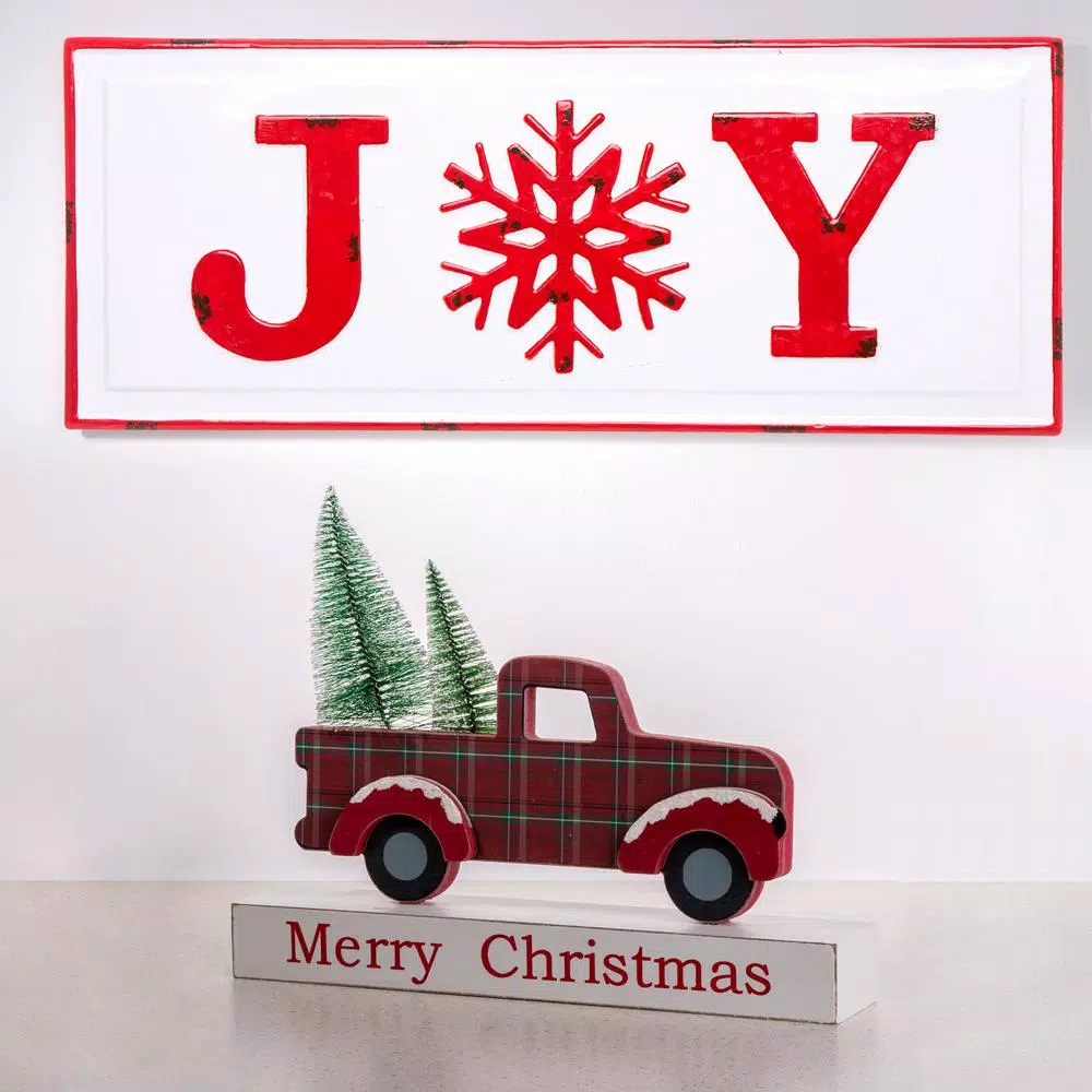 Glitzhome Merry Christmas Red Truck Wooden Table Decor with Christmas Trees