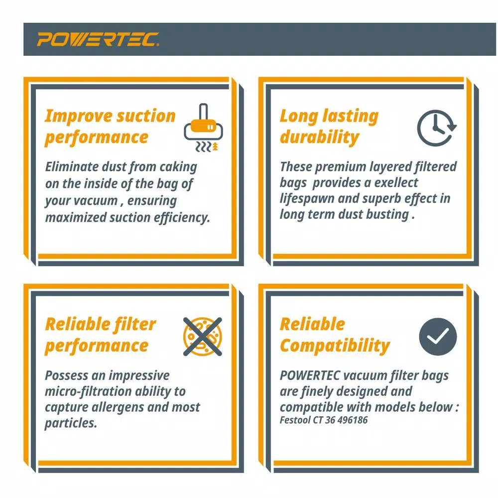 POWERTEC Self-Cleaning Fleece Filter Replacement Bags for Festool CT 36 (5-Pack)
