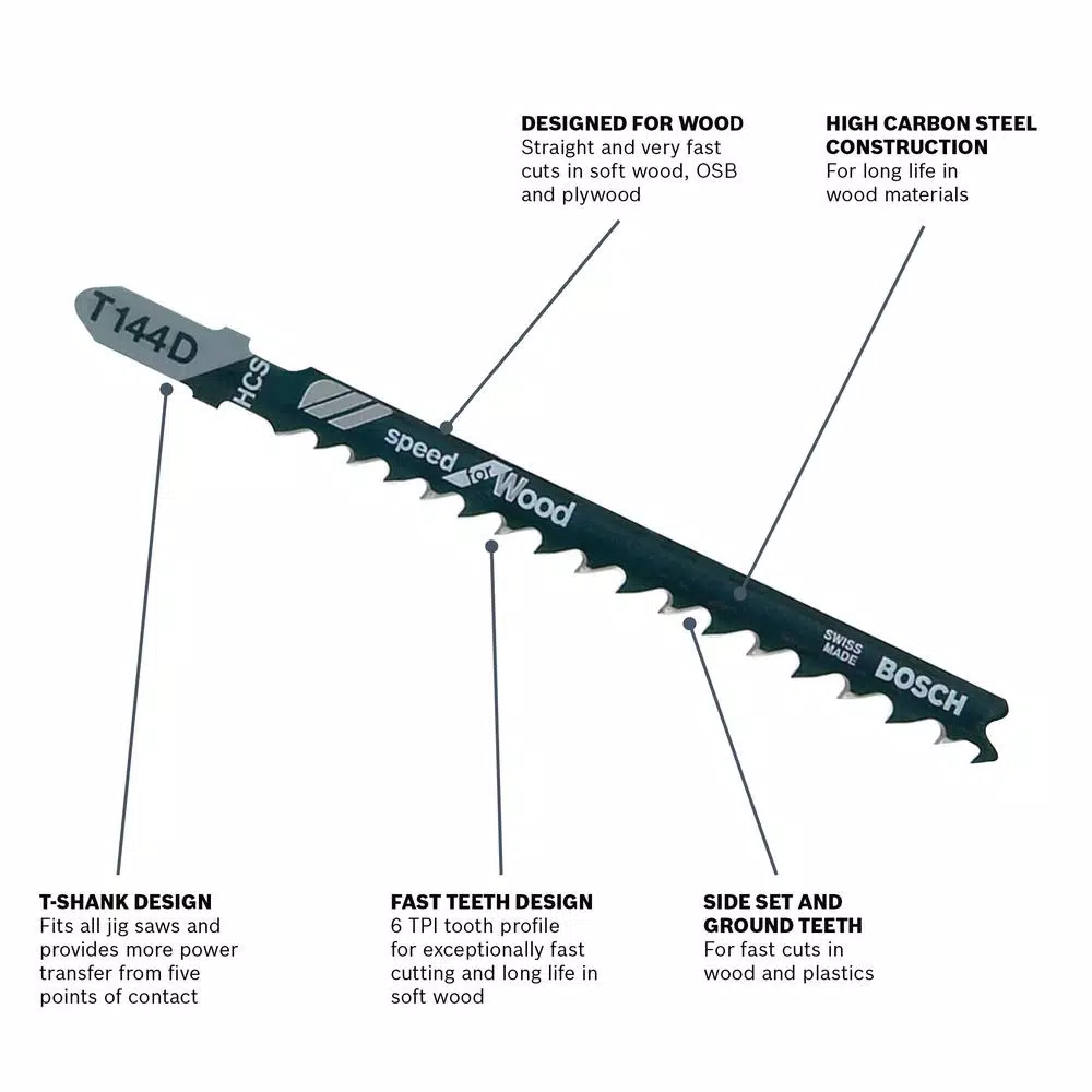 Bosch 4 in. High Carbon Steel T-Shank Jigsaw Blades for Wood, 5-Pack