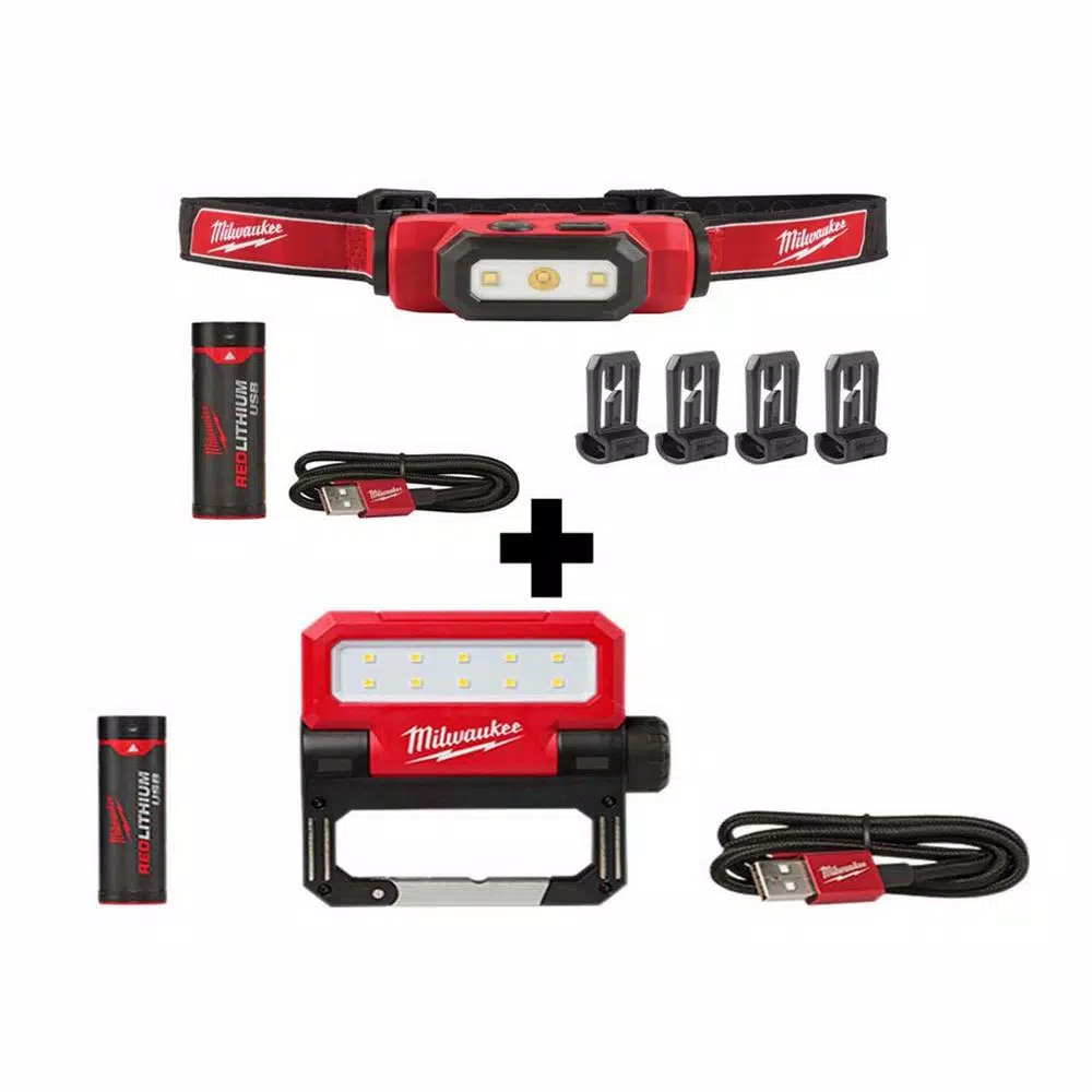 Milwaukee REDLITHIUM USB Rechargeable LED Headlamp and Pivoting Flood Light 2-Pack