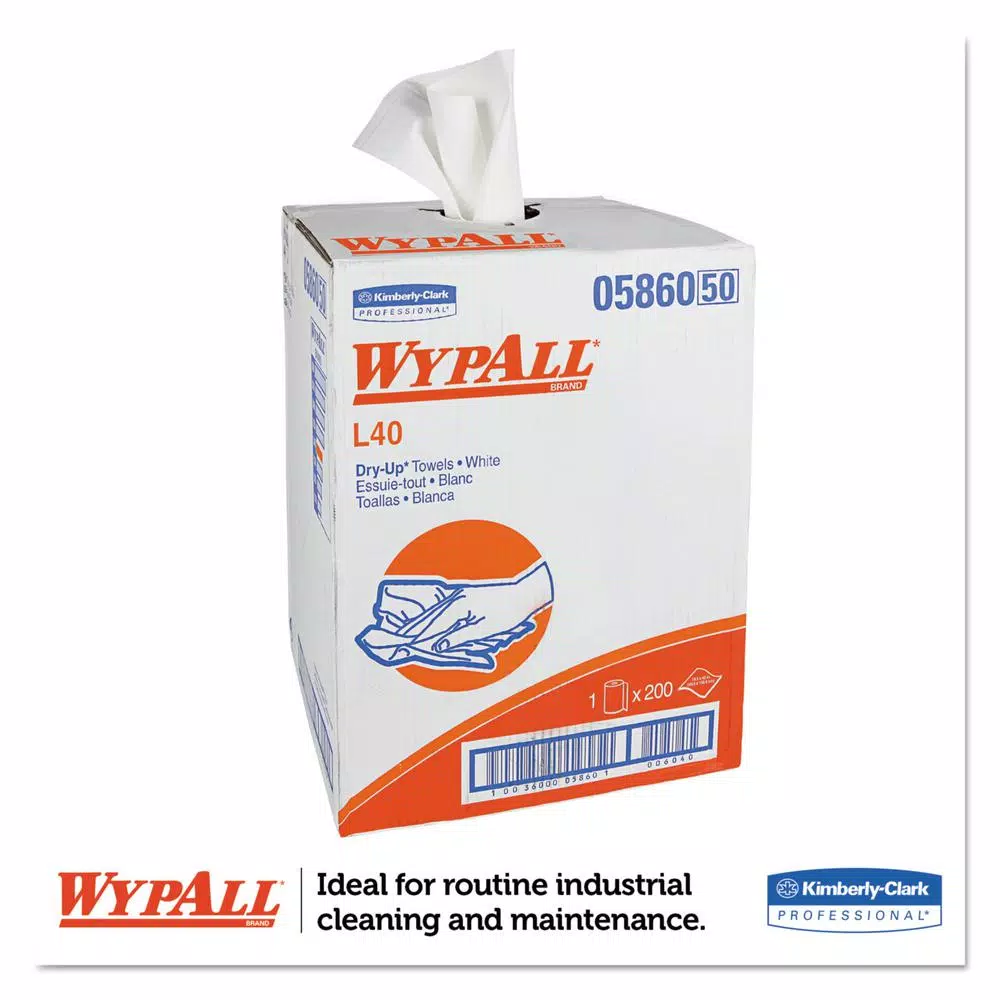 WypAll L40 Dry Wipers, 19.5 x 42 in., White (200 Sheets per Carton)