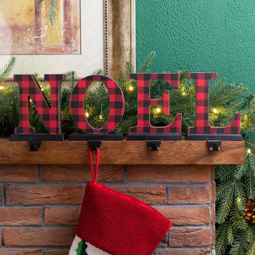 Glitzhome NOEL Buffalo Plaid Christmas Stocking Holder Set of 4 - Wood and Metal