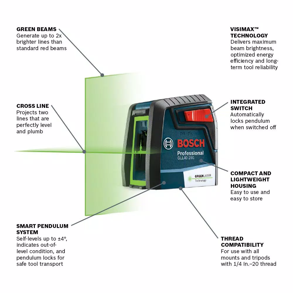 Bosch GLL40-20G VisiMax Green Beam Self-Leveling Cross Line Laser, 40 ft.