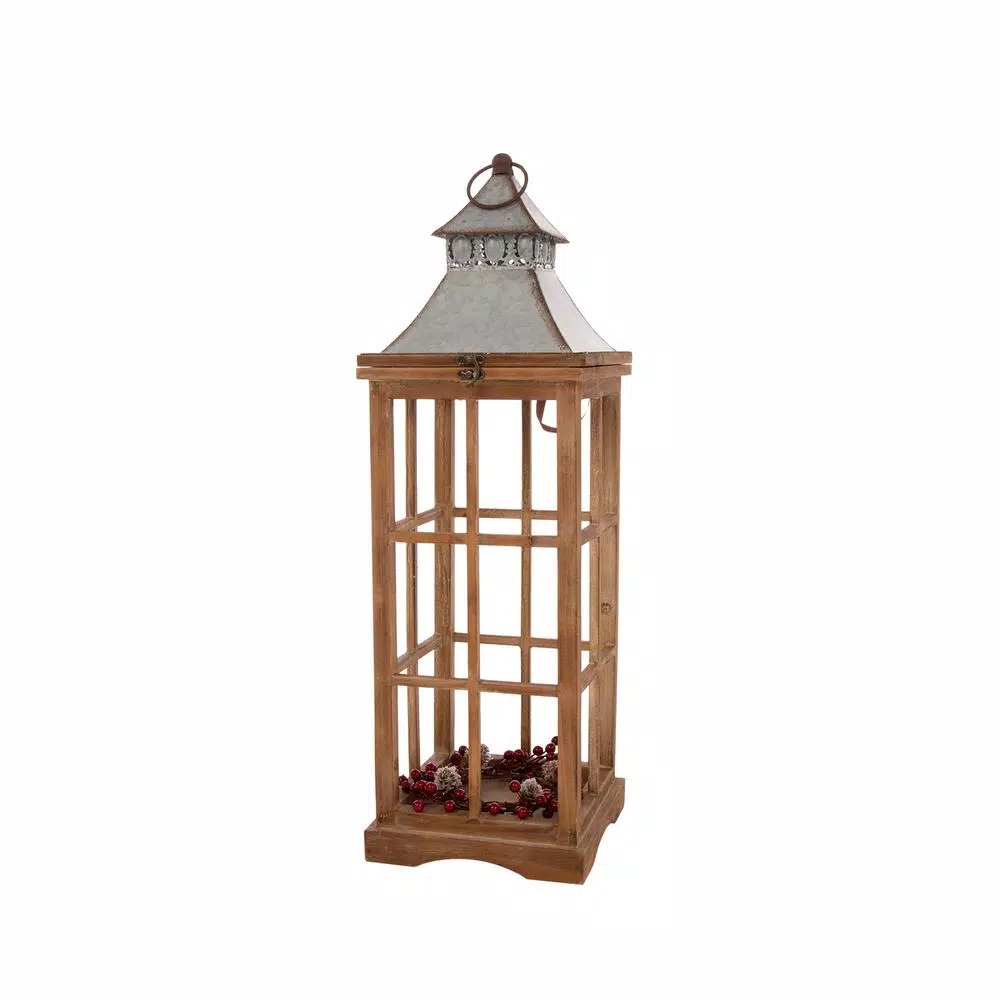 Glitzhome Brown Christmas Farmhouse Wood and Metal Lantern Set of 2