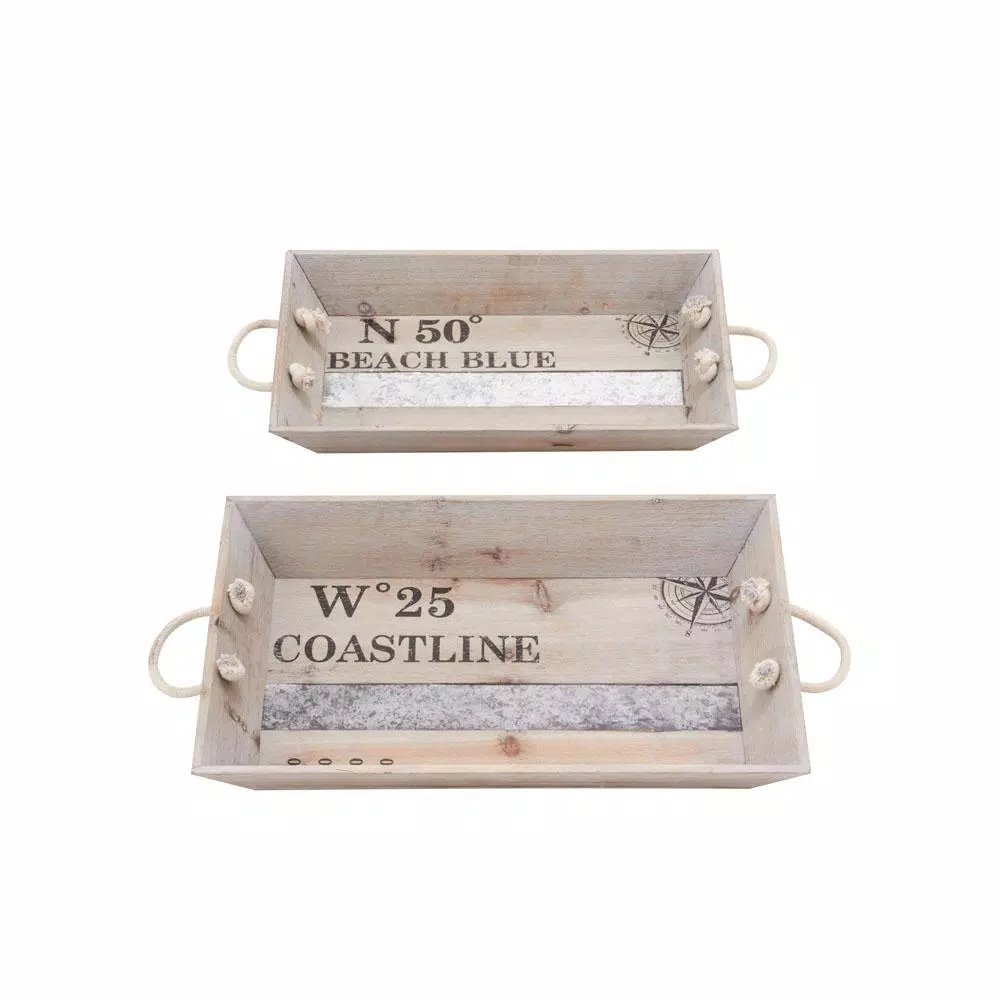 LITTON LANE Coastline Coastal Living Fir Wood and Iron Decorative Tray Set of 2
