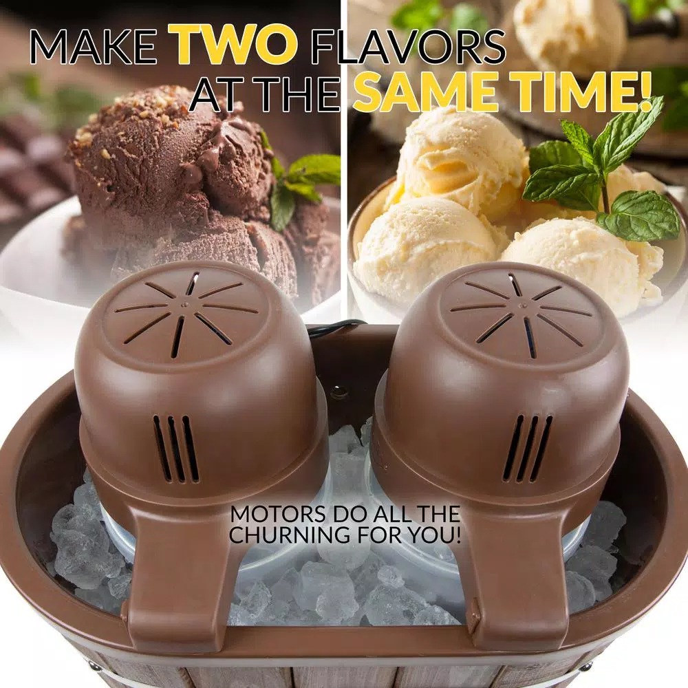 Nostalgia ICMW200DBL 4 Qt. Electric Double Flavor Ice Cream Maker, Brown Wood Grain