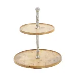 LITTON LANE 2-Tiered Round Mango Wood and Aluminum Tray Stand, Oak Finish thumbnail 1