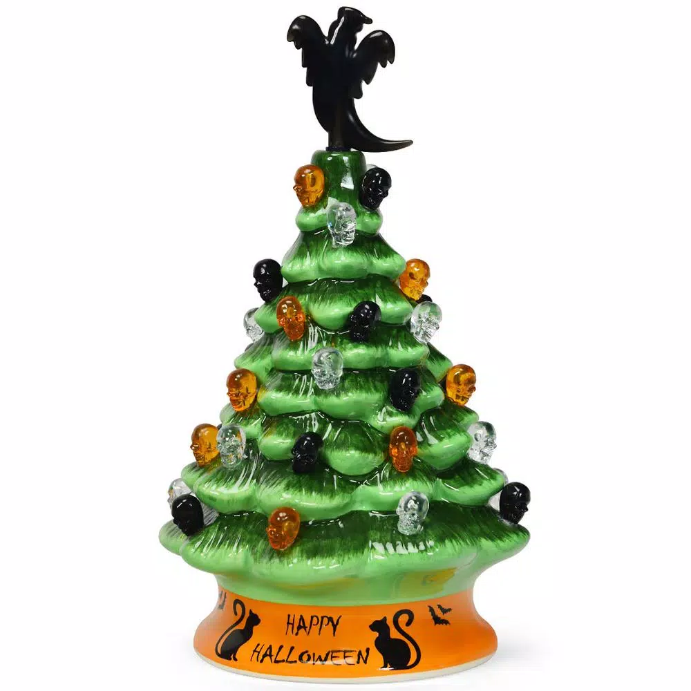 Costway 11.5 in. Green Ceramic LED Haunted Halloween Tree with Ghost and Skeleton Accents