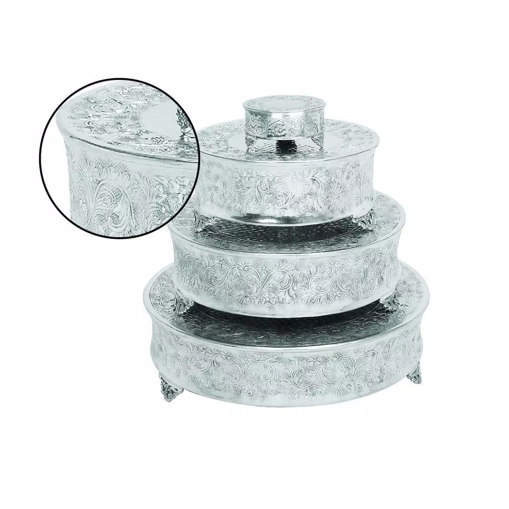 LITTON LANE Silver Aluminum Round Cake Stand Set of 4 with Floral Vine Design