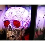 Haunted Hill Farm 71 in. Black Animated Skull Lamp Post with Spooky Music thumbnail 11