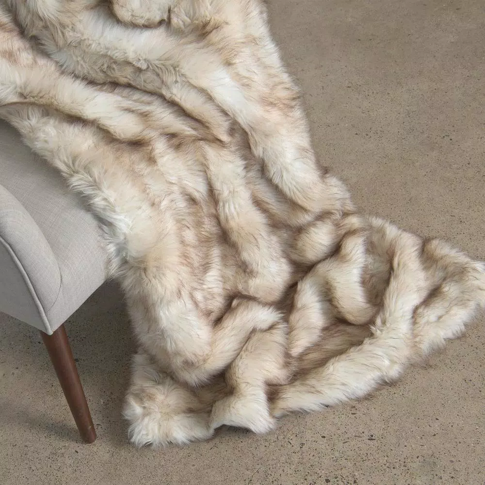 Best Home Fashion Champagne Fox Faux Fur Throw Blanket, 58 in. x 84 in.