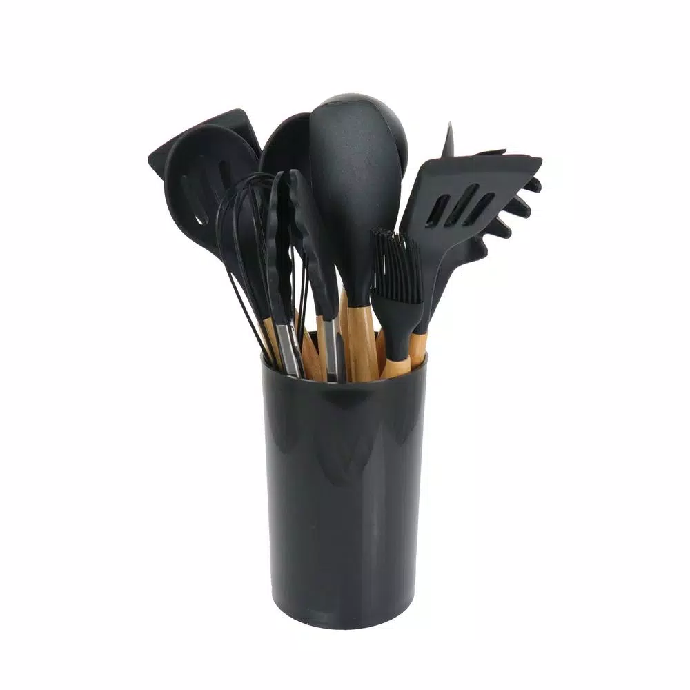 MegaChef 12-Piece Black Silicone and Wood Kitchen Utensil Set