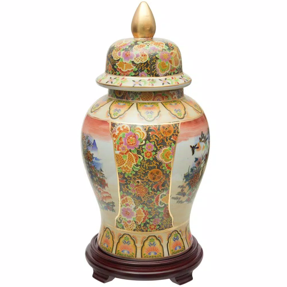 Unbranded Oriental Furniture 18 in. Rose Medallion Satsuma Peacock Porcelain Temple Jar