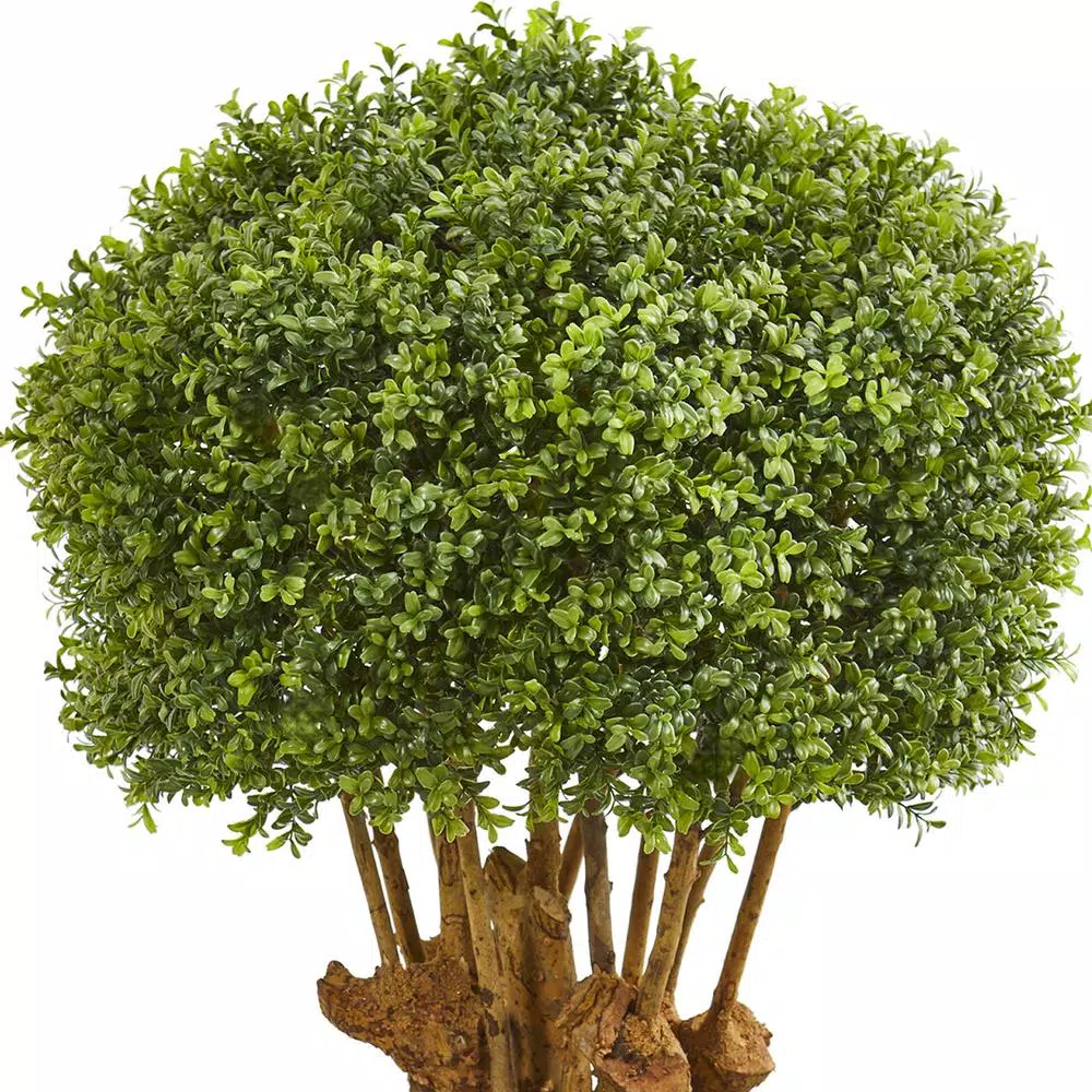 Nearly Natural 41 in. Artificial Boxwood Topiary Tree in White Planter with White Rocks