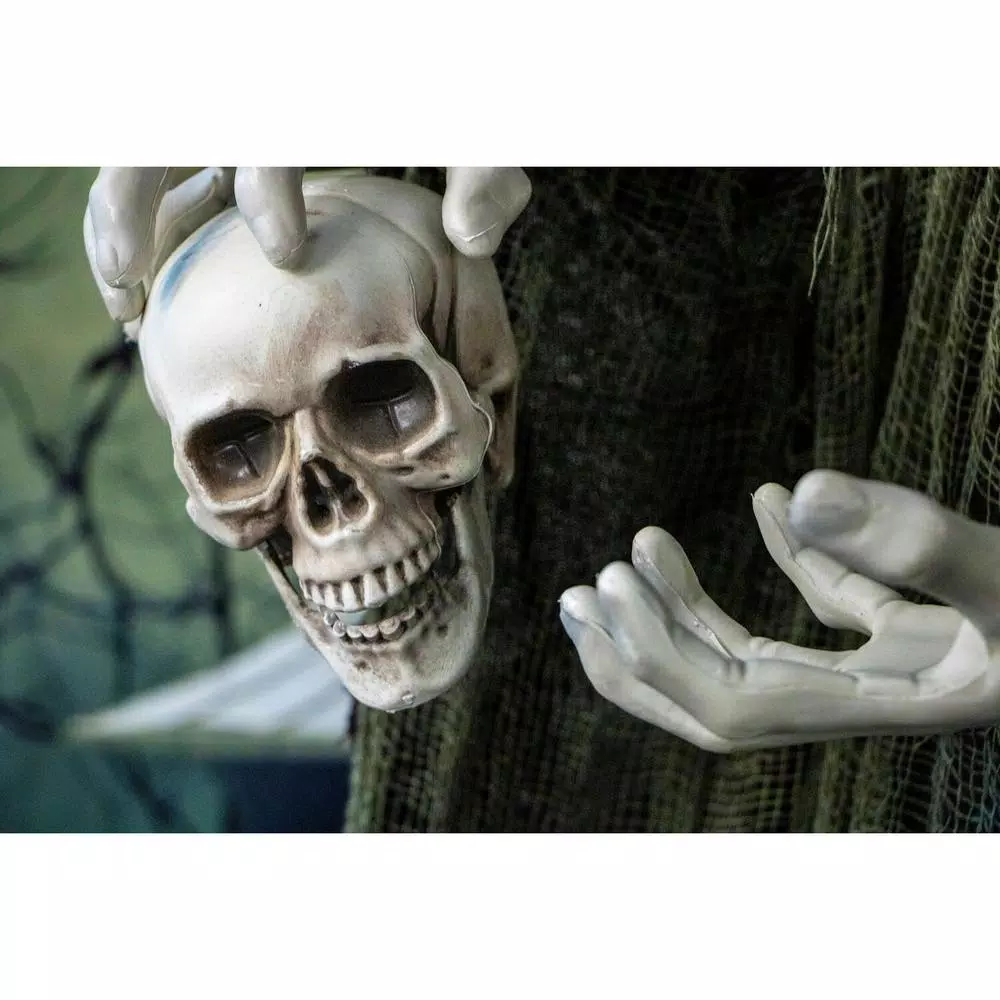 Haunted Hill Farm 6 ft. Animatronic Talking Witch Halloween Prop with Shrunken Skull